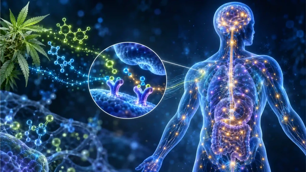 Medical illustration showing plant cannabinoids interacting with receptors throughout the human endocannabinoid system.