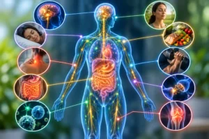 Infographic showing how the endocannabinoid system helps regulate sleep, pain, mood, appetite, digestion, immunity, and nerve function.