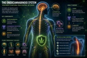Medical infographic explaining the endocannabinoid system, showing cannabinoid receptors, nerve pathways, and how the body naturally regulates pain, inflammation, and balance.