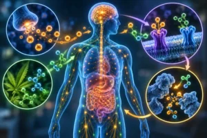 Infographic showing how endocannabinoids send signals, bind to cannabinoid receptors, and are broken down by enzymes in the body.