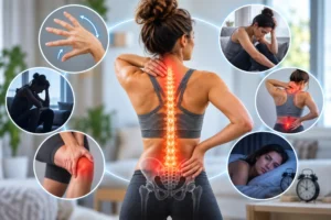 Medical illustration of hypermobility disorders showing excessive joint movement, chronic joint and back pain, fatigue, and disrupted sleep.