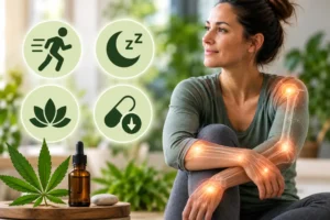 Woman with hypermobility using medical cannabis as part of a treatment plan for pain, mobility, sleep, and symptom management.