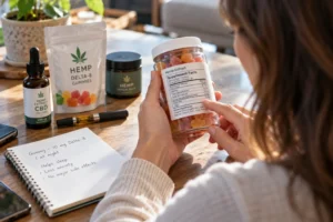 Patient reads hemp-derived THC product labels to identify cannabinoids and dosing before switching to medical cannabis.