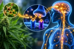 Medical illustration showing THC from cannabis interacting with cannabinoid receptors and influencing signaling in the brain and nervous system.