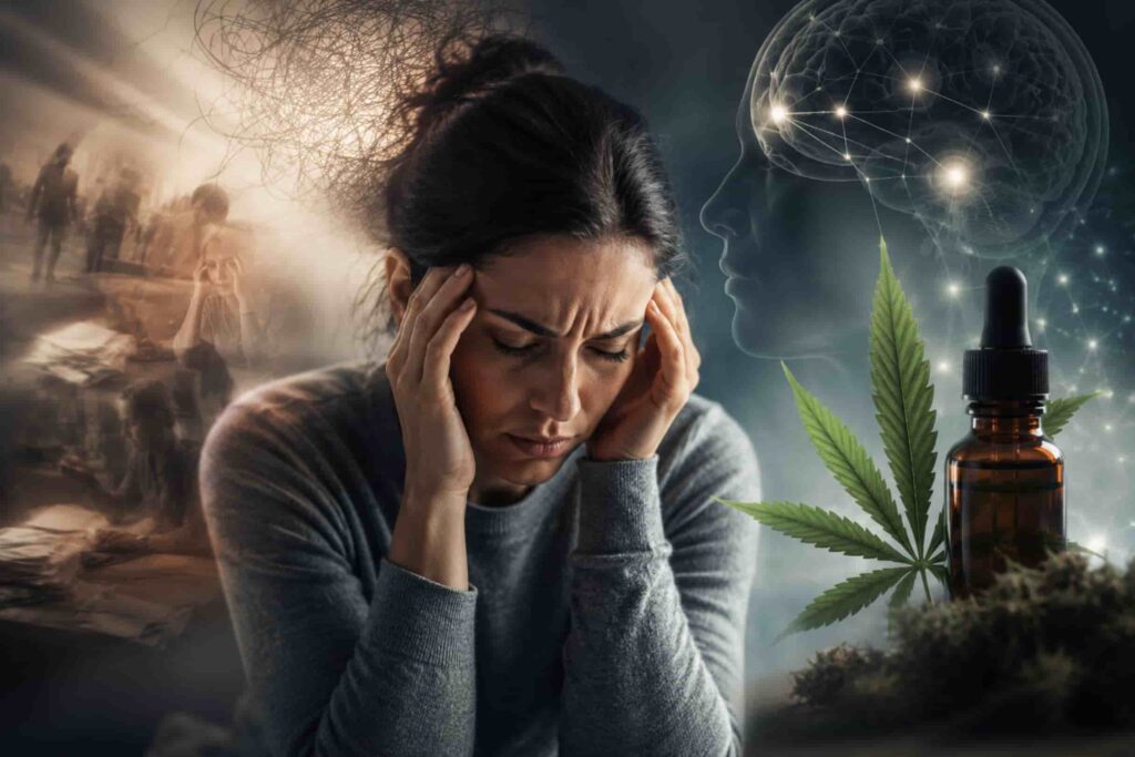 Stressed woman holding her head with symbolic brain imagery and medical cannabis tincture illustrating stress management with medical cannabis.