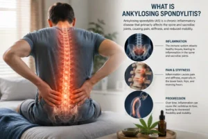 Medical infographic illustrating ankylosing spondylitis with spinal inflammation, lower back pain, sacroiliac joint involvement, and progressive spinal stiffness.